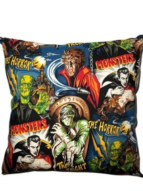 Vintage Horror Monsters Graphic Pillow Cover - Multicolor